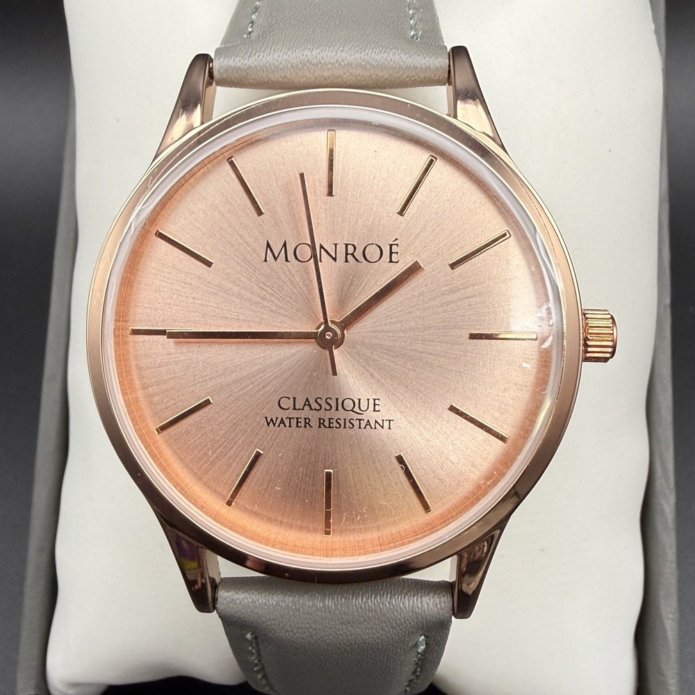 Monroe Classique Womens Rose Gold Quartz Watch Gray Leather Strap 33mm